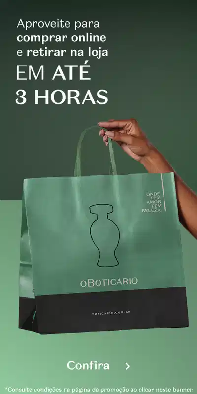 Retângulo em tons de verde, mão segurando uma sacola da marca O Boticário e convite para comprar online e retirar na loja.