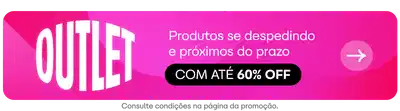 O banner apresenta o texto "OUTLET" em destaque, sobre fundo rosa vibrante, com preço de até 60% de desconto.