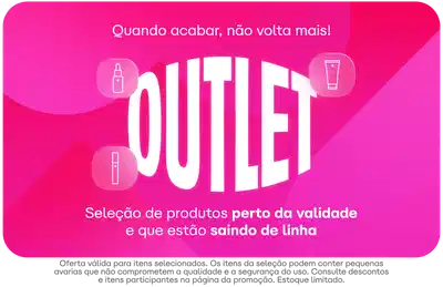 O banner apresenta o texto "OUTLET" em destaque, com ícones de produtos de beleza ao redor, sobre fundo rosa vibrante.