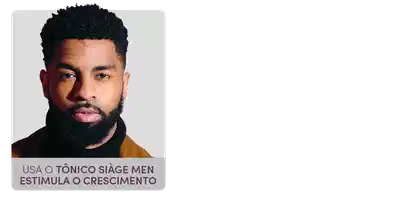 O banner mostra um homem afro-americano com barba e cabelo encaracolado, olhando diretamente para a câmera. O texto acima da imagem afirma que o "Tônico Siage Men estimula o crescimento".