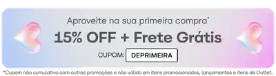 Comunicação de Primeira Compra com coração holográfico, sobre fundo em tons de azul, cinza e rosa.