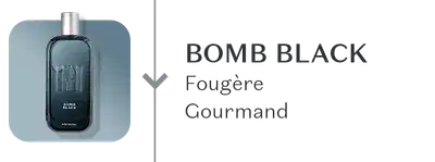 A imagem mostra um frasco de Egeo Bomb Black com a família olfativa Fougère Gourmand.