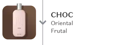 O banner mostra a fragrância Egeo Choc com sua família olfativa Oriental Frutal.