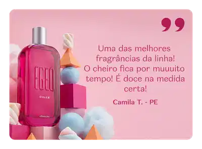 O frasco de EgeoDolce em tom de rosa é destacado em meio a formas geométricas coloridas. Há um texto escrito por uma cliente elogiando a fragrância.