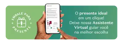 Retângulo verde com cantos arredondados e mão segurando um smartphone. Há um texto falando sobre a assistente virtual no site/aplicativo.