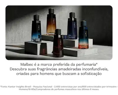 Vários produtos da marca Malbec em um fundo escuro com luzes sobre as embalagens, além de um texto falando sobre a marca.