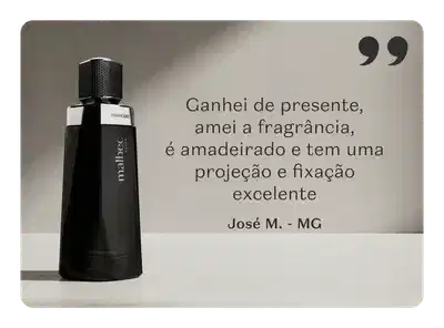 O produto apresentado é um frasco de desodorante colônia Malbec de cor preta, com uma citação de um cliente elogiando sua fragrância, projeção e fixação excelentes.