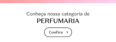 Banner branco e rosa com letras brancas, convidando para conhecer a categoria de Perfumaria.