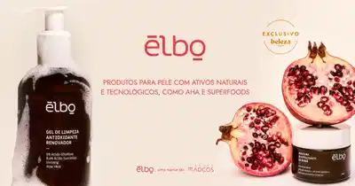 O banner apresenta diversos produtos da marca Elbo, destacando suas características como "feito para pele brasileira", "fórmulas com superfoods e adaptógenos" e "robusto respaldo científico".