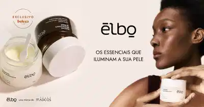 O banner apresenta produtos da marca Elbo, incluindo uma máscara revitalizante de roma, um cleansing balm hidratante e destaca os essenciais que simplificam a rotina e iluminam a pele.