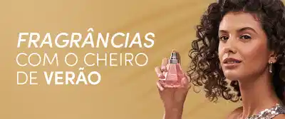 O banner mostra uma mulher com cabelos cacheados segurando um frasco de fragrância. O texto destaca "Fragrâncias com o cheiro de verão" e convida o usuário a "Comprar".