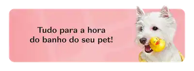 Retângulo rosa com a imagem de um cachorro branco com um patinho de borracha na boca e informações sobre a linha Au.Migos.