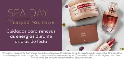 O banner apresenta uma coleção de produtos de beleza da marca Eudora, incluindo uma máscara capilar, um frasco de perfume e uma paleta de maquiagem. O texto destaca o "Spa Day" como uma edição especial para renovar as energias durante os dias de festa.