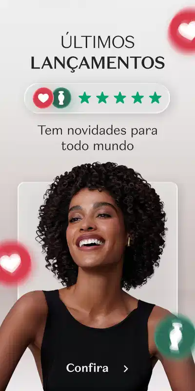 Mulher com cabelo cacheado escuro, sorrindo, em fundo cinza com ícones de coração e ânforas.