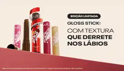 Quatro embalagens de Gloss Stick de Vult + Baton, com textura que derrete nos lábios. Produto de edição limitada.