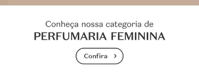 Banner horizontal com fundo cinza e uma pequena faixa bege de fora a fora na parte superior do banner. O texto escrito em preto diz: "Conheça nossa categoria de PERFUMARIA FEMININA. Confira."