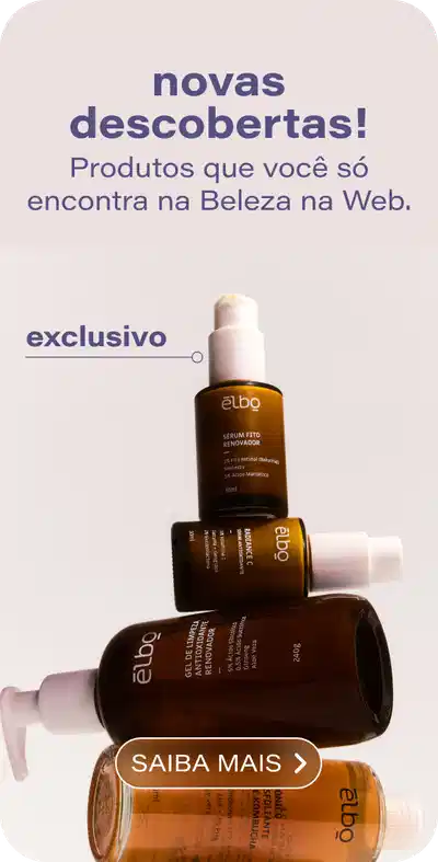 O banner apresenta uma variedade de produtos de beleza da marca Elbo, destacando os produtos disponíveis exclusivamente na plataforma online Beleza na Web. O texto convida o usuário a explorar esses novos lançamentos.