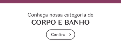Banner retangular horizontal com pequena faixa roxa na parte superior e texto em fonte preta sobre fundo branco dizendo "Conheça nossa categoria de CORPO E BANHO."
