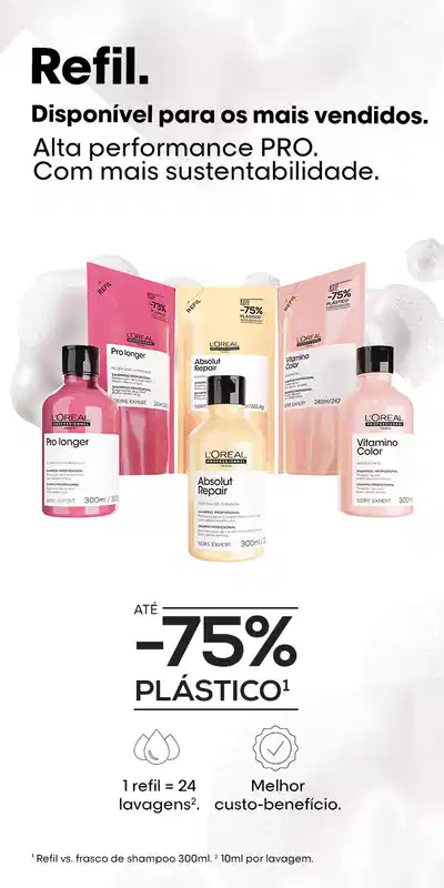O banner apresenta produtos de cuidados capilares da marca L'Oréal, incluindo shampoo e condicionador com o tamanho refil