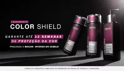 Três frascos Truss Color Shield em tons roxo e preto sobre fundo cinzento.