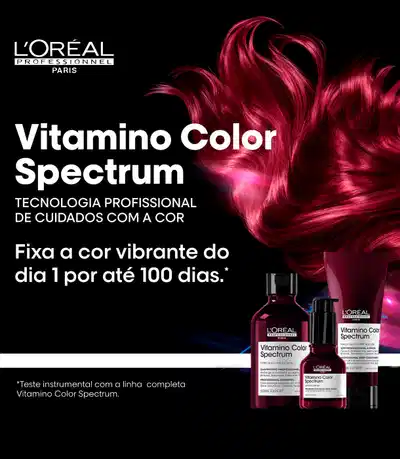 O banner apresenta a linha Vitamino Color Spectrum da L'Oréal Professionnel, que promete manter a cor brilhante por até 100 dias.