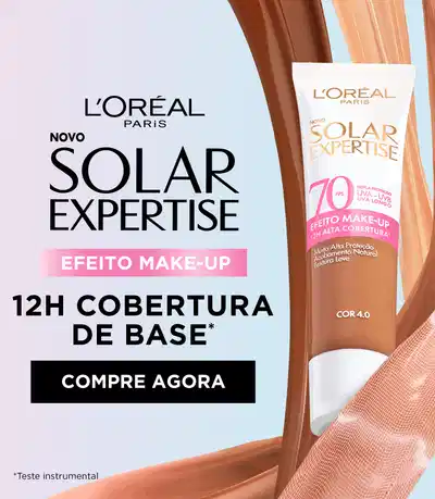 O banner mostra duas mulheres jovens e bonitas, uma de cabelos cacheados e outra de cabelos lisos, promovendo um protetor solar da L'Oréal para prevenir o fotoenvelhecimento da pele.