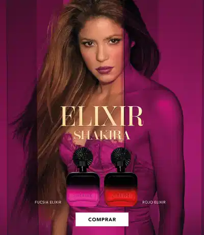 O banner mostra uma mulher com cabelos longos e escuros usando um vestido rosa vibrante, posando com dois frascos de perfume da marca Elixir, da cantora Shakira. Os frascos têm design elegante e estão em cores rosa e vermelha.