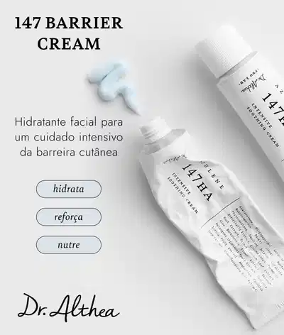 O banner apresenta um creme facial hidratante da marca Dr. Althea, com informações sobre seus benefícios de hidratar, reforçar e nutrir a barreira cutânea.
