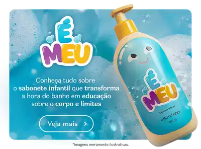 O banner apresenta um sabonete infantil em embalagem com ilustrações coloridas e bolhas de sabão. O texto destaca que o produto transforma o momento do banho em uma experiência educativa sobre o corpo e seus limites.