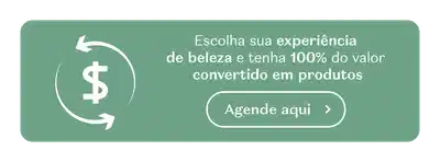 Fundo verde com cifrão em branco, setas em volta dele e texto contando que você tem 100% do valor de uma experiência de beleza convertido em produtos.