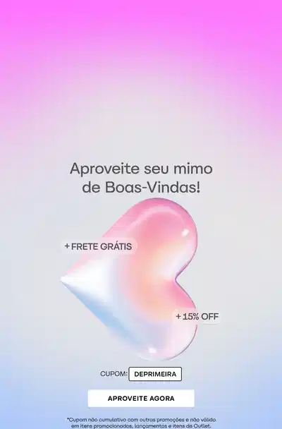 Banner com fundo em degradê azul e rosa apresentando texto "Aproveite seu mimo de Boas-Vindas!" com botão "APROVEITE AGORA", selo "CUPOM: DEPRIMETRA", indicação "+ FRETE GRÁTIS" e "+ 15% de desconto". Elemento gráfico abstrato em tons rosa e azul ao centro. Rodapé com aviso: Cupom não cumulativo com outras promoções e não válido em itens promocionados, lançamentos e itens de Outlês.