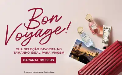 Imagem de uma mala de viagem, com frascos de minis perfumes. A imagem apresenta o texto "Bon Voyage!" e a mensagem "Sua seleção favorita no tamanho ideal para viagem"
