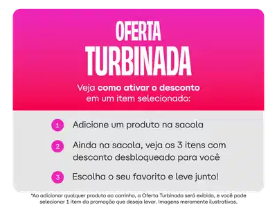 Oferta turbinada. Veja como ativar o desconto em um item selecionado: 1. Adicione um produto na sacola. 2. Ainda na sacola, veja os 3 itens com desconto desbloqueado para você. 3. Escolha seu favorito e leve junto!