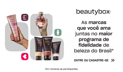 Frascos de produtos das marcas Eudora, O Boticário e Quem Disse, Berenice? sobre fundo branco, comunicando que estão juntas no Programa de Fidelidade Beautybox.