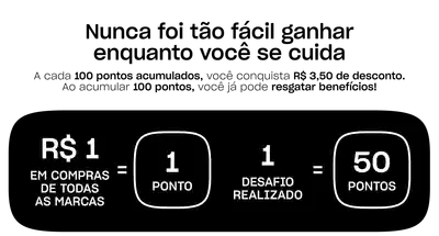 R$1 em compras de todas as marcas = 1 ponto, 1 desafio realizado = 50 pontos.