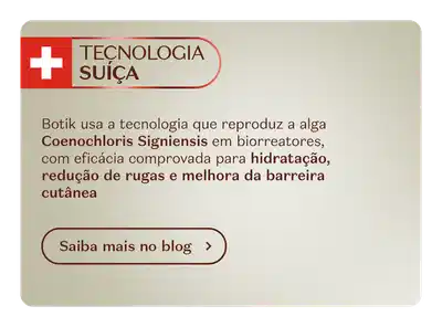 Imagem de uma mulher de pele negra e cabelos cacheados usando uma roupa marrom e texto falando sobre a tecnologia suíça da marca Botika.