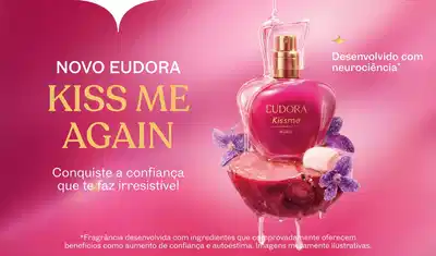 Frasco rosa da fragrância Eudora Kissme Again, sobre fundo rosa vivo, comunicando a confiança que te faz irresistível.