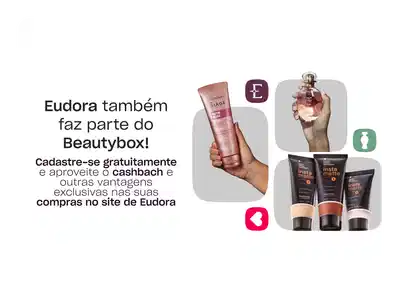 Eudora também faz parte do Beautybox. Cadastre-se gratuitamente e aproveite o cashback e outras vantagens exclusivas nas suas compras no site de Eudora. Imagem mostra produtos Eudora: frasco de Siage, Eau de Parfum em embalagem rosa, e três tubos de base Insta Matte em tons diferentes.