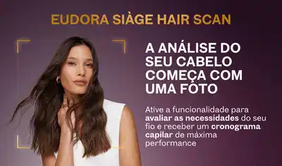 Mulher de cabelos longos com mão no pescoço, sobre fundo roxo, ao lado da comunicação sobre Eudora Siàge Hair Scan.