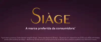Comunicação sobre Siàge em letras douradas e brancas, sobre fundo roxo.