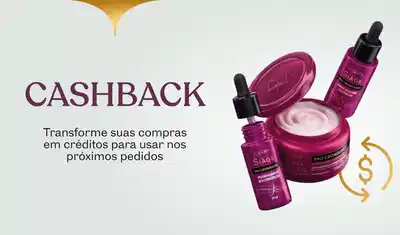 Produtos da linha Eudora Siàge Pró-Cronology flutuando sobre fundo branco, comunicando cashback em Eudora.