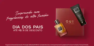 Banner com fundo vermelho vinho apresentando produtos O.U.I. com texto "Surpreenda com fragrâncias de alta fixação" à esquerda. Imagem central exibeperfume em tom dourado e frasco preto.