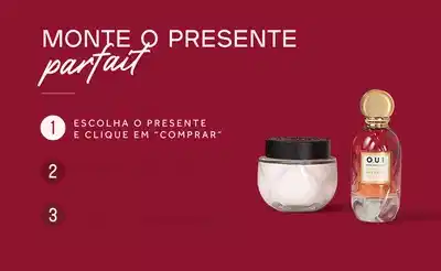Frascos de produtos O.U.i, junto de sacola de compras, sobre fundo vermelho, comunicando o passo de como montar o seu presente perfeito no site.