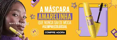 Maybelline New York apresenta Máscara de Cílios Colossal em embalagem amarela e roxa. Banner com fundo amarelo traz texto "A Máscara Amarelinha que nunca sai de moda #SempreColossal"