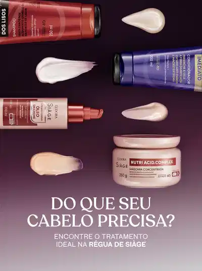 A imagem apresenta diversos produtos Siàge. Do que seu cabelo precisa? Encontre o tratamento ideal está na regua de sinage.