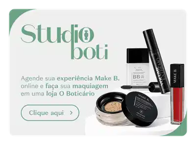 O banner mostra uma mulher aplicando maquiagem em seu rosto, comunicando a Experiência de Beleza Boti.
