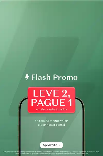 Smartphone exibindo oferta promocional "Leve 2, pague 1" em itens selecionados. O item de menor valor é por nossa conta.