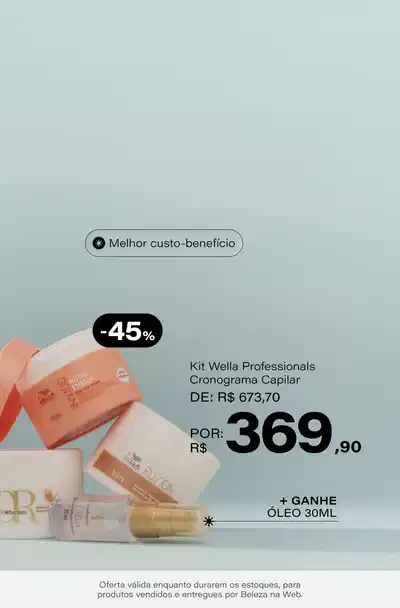 Kit Wella Professionals Cronograma Capilar Antiquebra (3 Produtos) De: R$ 673,7 Por: R$ 339,9 Selo: 49% OFF *Vendidos e entregues por Beleza na Web