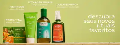 Seleção de produtos Weleda em fundo verde claro: Força Vital, óleo com energia e saúde; Skin Food Light, creme com hidratação e glow; Fito. Rosmarinus, xarope com força e vitalidade; Fitoshampoo Fortificante, frasco de 250ml com fortalecimento capilar; Óleo de Arnica, óleo para massagem e recuperação. Texto destacado: "descubra seus novos rituais favoritos".