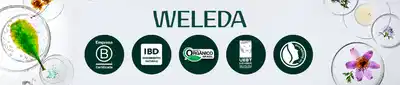 Weleda apresenta cinco certificações: Empresa Certificada B, IBD Ingredientes Naturais, Orgânico Brasil, UEBT Sourcing Justo e certificação de bem-estar. Ao fundo, ingredientes naturais em vidros com flores e plantas.